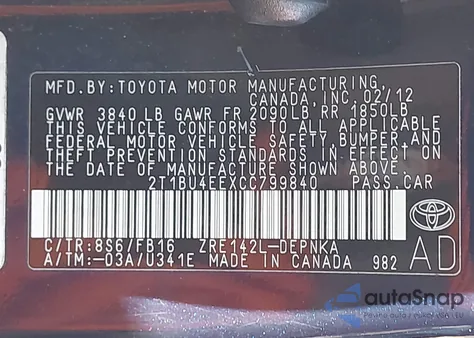 2012 Toyota Corolla Le from USA, damaged, VIN 2T1BU4EEXCC799840